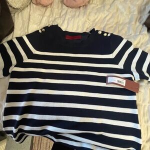 Navy and White Striped Women's Blouse with Button Accents